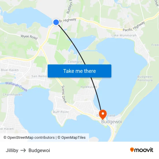 Jilliby to Budgewoi map