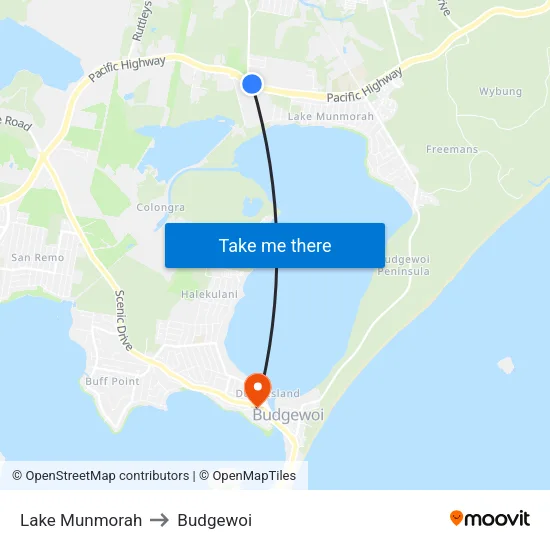 Lake Munmorah to Budgewoi map