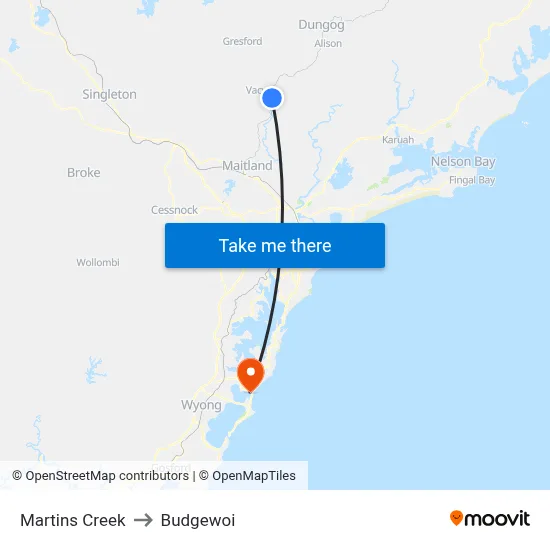 Martins Creek to Budgewoi map