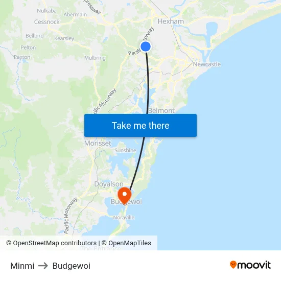 Minmi to Budgewoi map