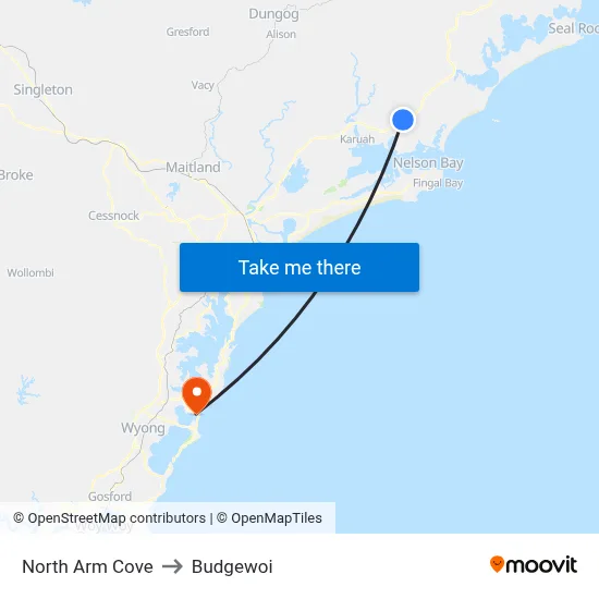 North Arm Cove to Budgewoi map