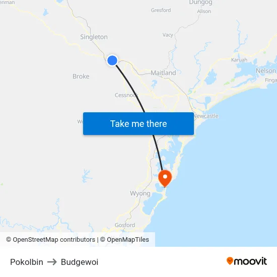 Pokolbin to Budgewoi map