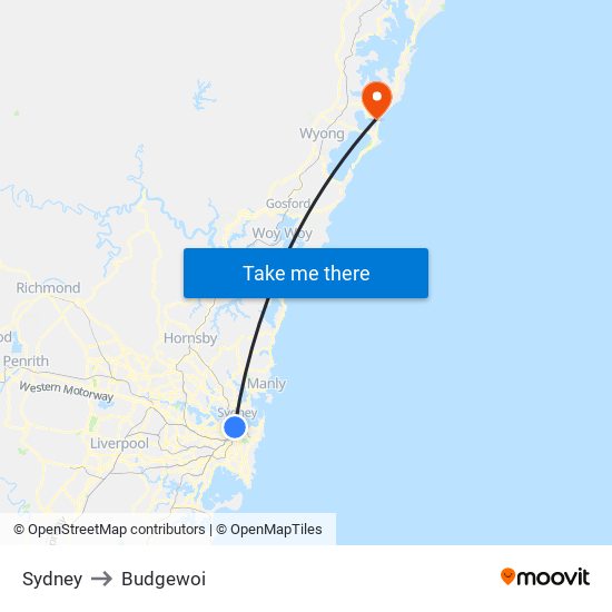 Sydney to Budgewoi map