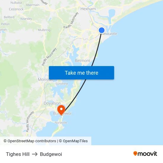 Tighes Hill to Budgewoi map