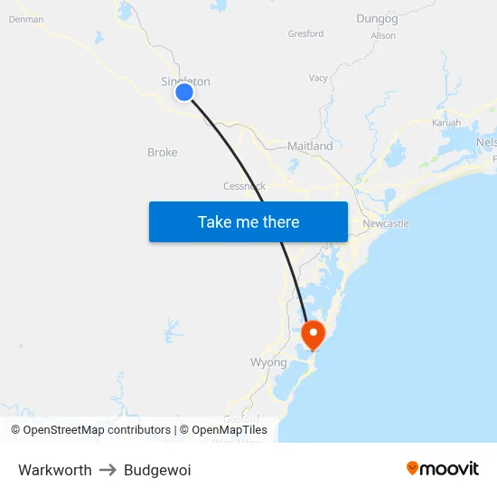 Warkworth to Budgewoi map