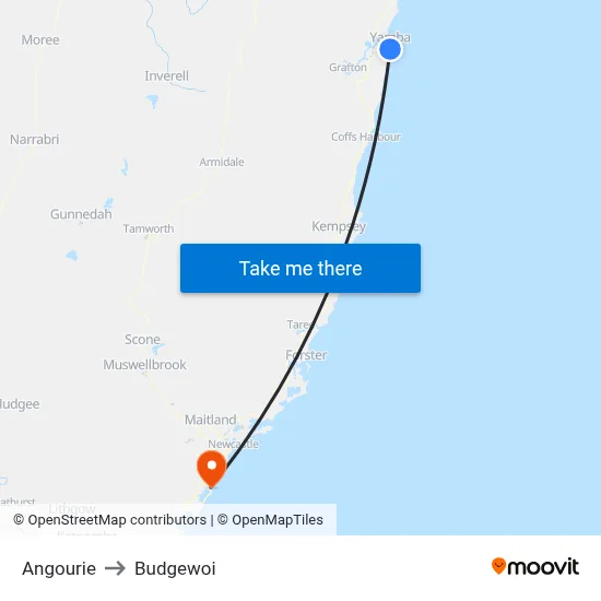 Angourie to Budgewoi map