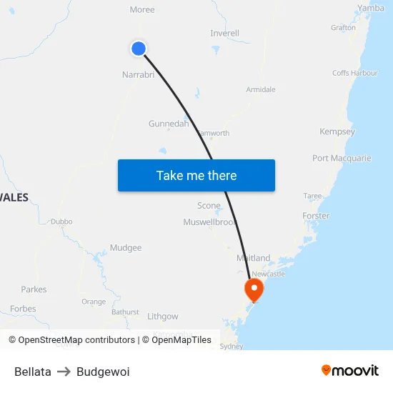 Bellata to Budgewoi map