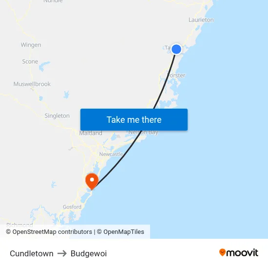 Cundletown to Budgewoi map