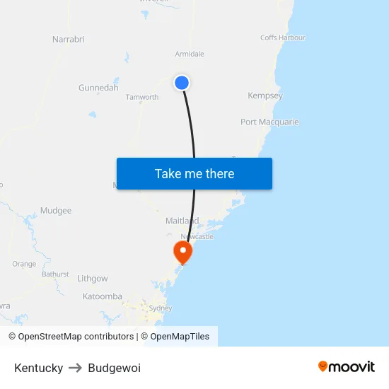 Kentucky to Budgewoi map