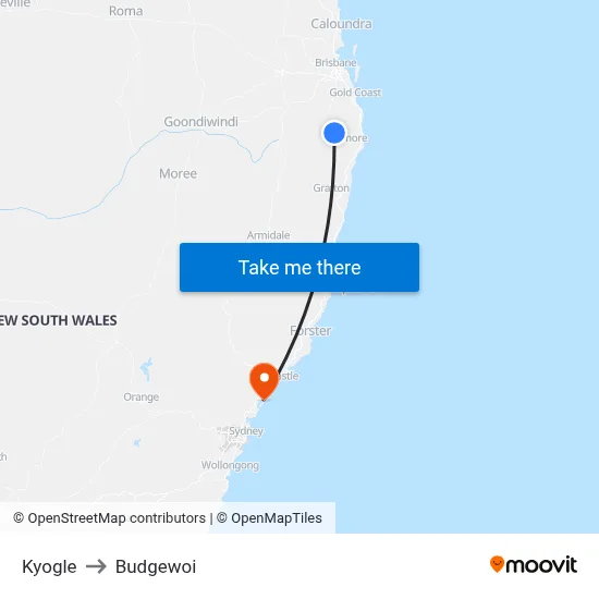 Kyogle to Budgewoi map