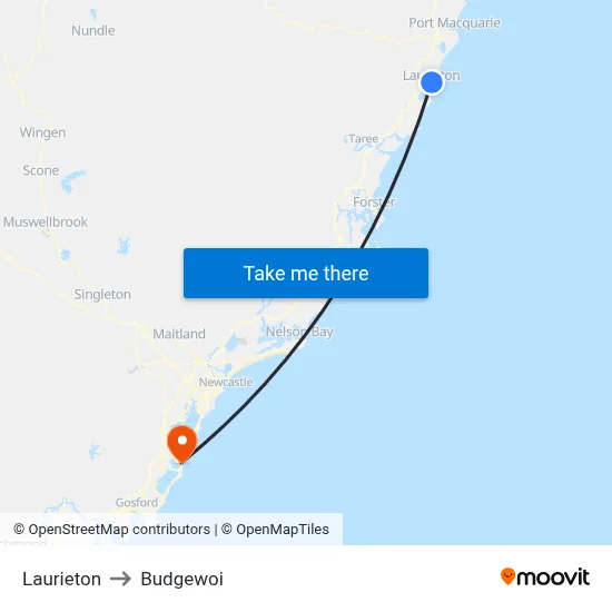 Laurieton to Budgewoi map