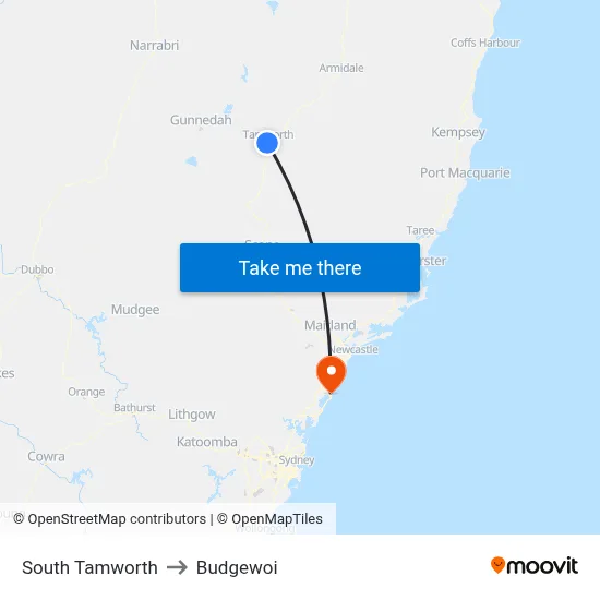 South Tamworth to Budgewoi map