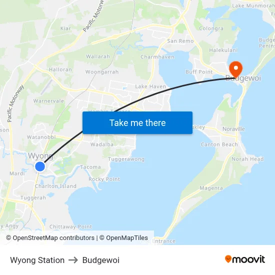 Wyong Station to Budgewoi map