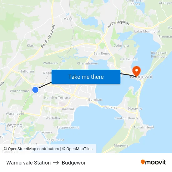 Warnervale Station to Budgewoi map