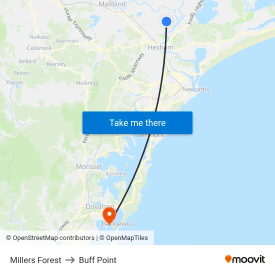 Millers Forest to Buff Point map