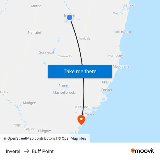 Inverell to Buff Point map