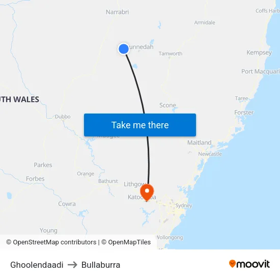 Ghoolendaadi to Bullaburra map
