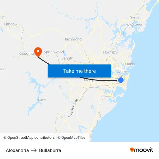 Alexandria to Bullaburra map
