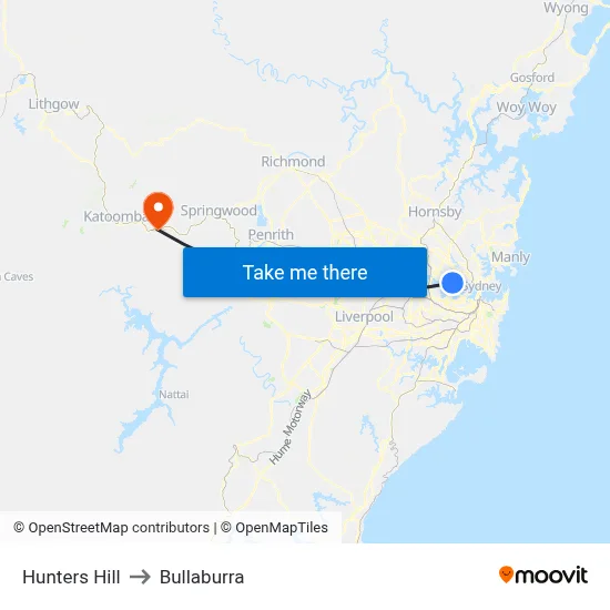 Hunters Hill to Bullaburra map
