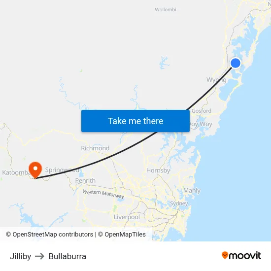 Jilliby to Bullaburra map
