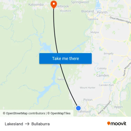 Lakesland to Bullaburra map