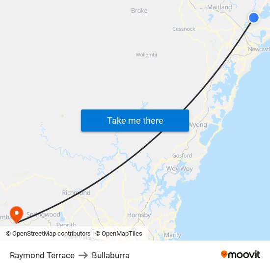 Raymond Terrace to Bullaburra map