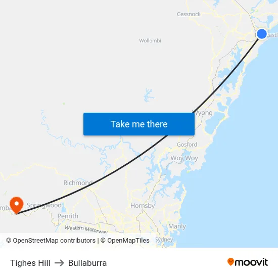 Tighes Hill to Bullaburra map