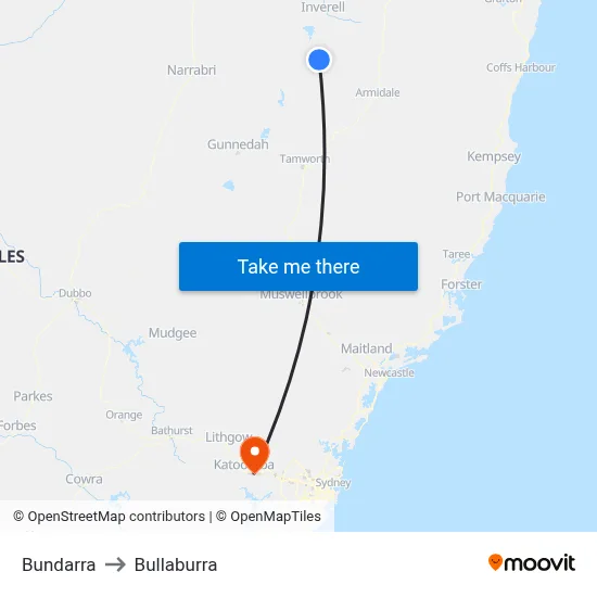 Bundarra to Bullaburra map