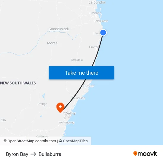 Byron Bay to Bullaburra map