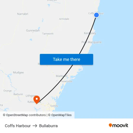 Coffs Harbour to Bullaburra map