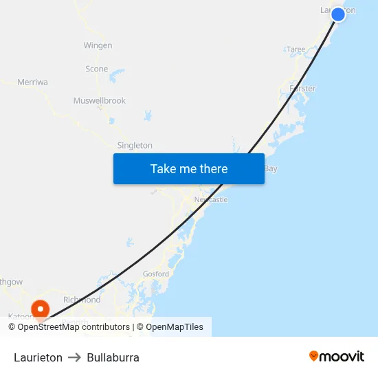Laurieton to Bullaburra map