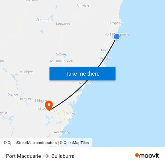 Port Macquarie to Bullaburra map