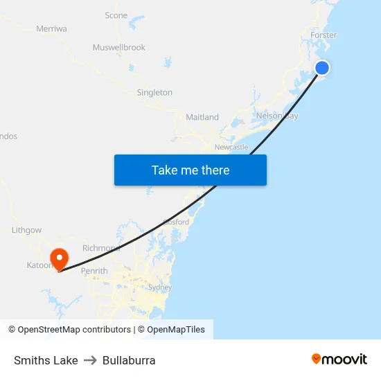 Smiths Lake to Bullaburra map