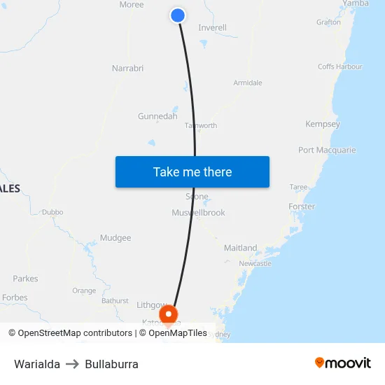 Warialda to Bullaburra map