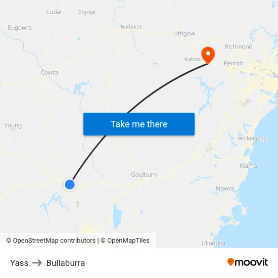 Yass to Bullaburra map