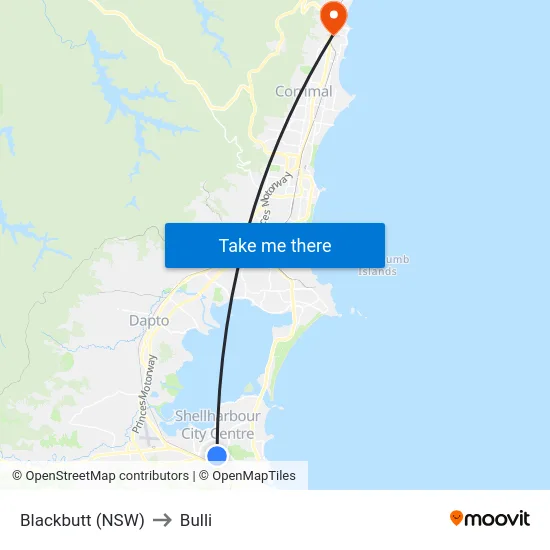 Blackbutt (NSW) to Bulli map