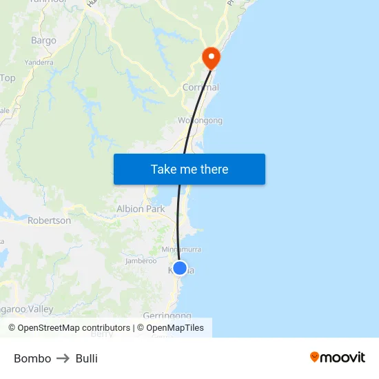 Bombo to Bulli map