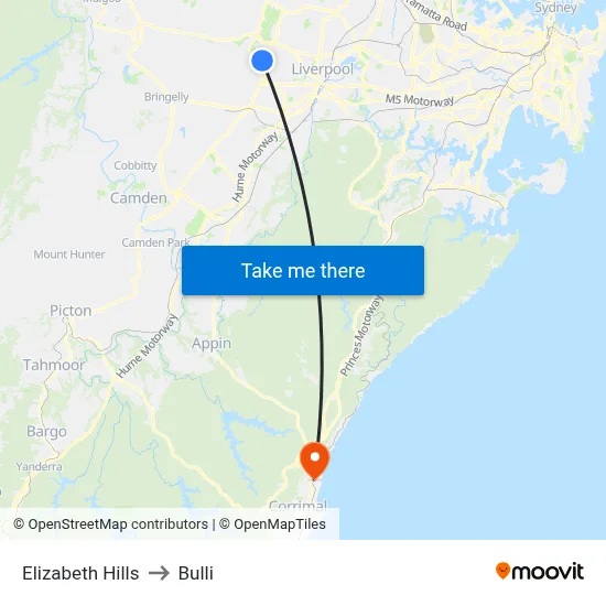 Elizabeth Hills to Bulli map