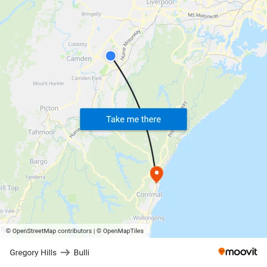 Gregory Hills to Bulli map