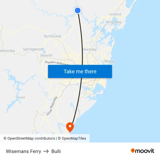 Wisemans Ferry to Bulli map