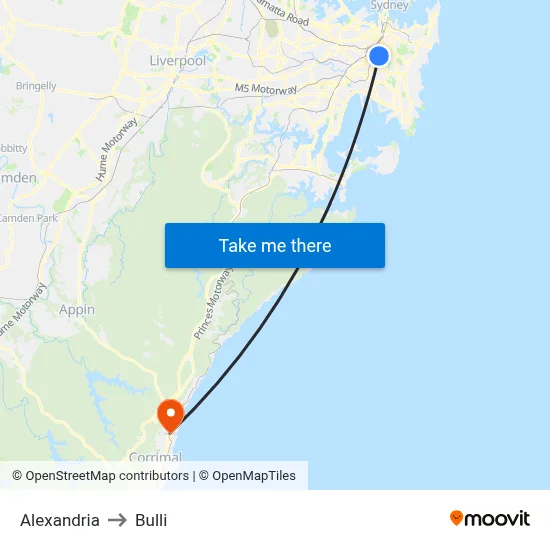 Alexandria to Bulli map