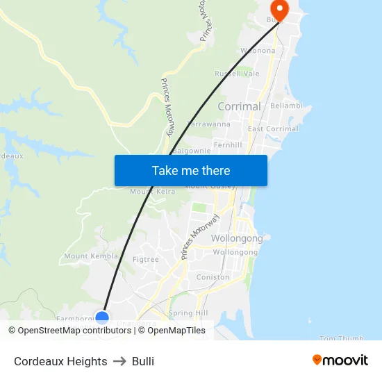 Cordeaux Heights to Bulli map