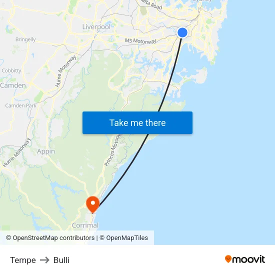 Tempe to Bulli map