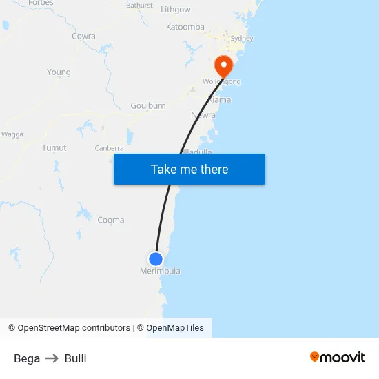 Bega to Bulli map