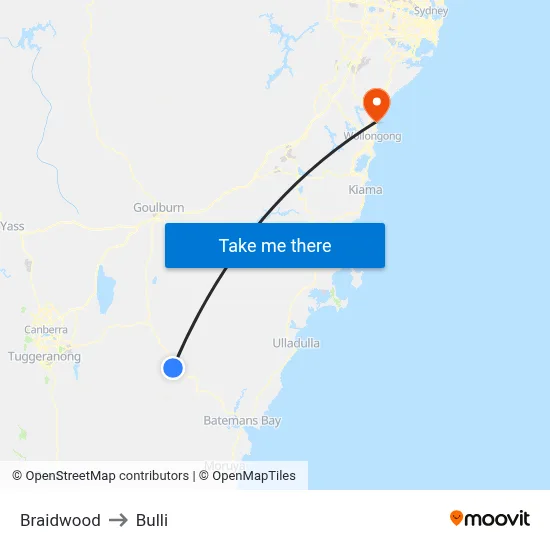 Braidwood to Bulli map