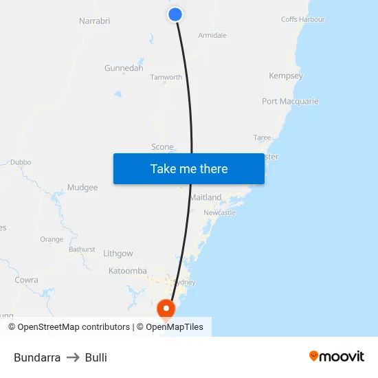 Bundarra to Bulli map