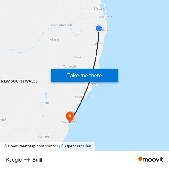 Kyogle to Bulli map