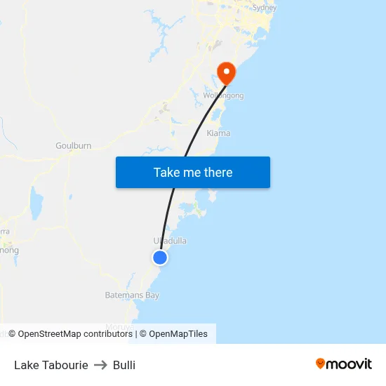 Lake Tabourie to Bulli map