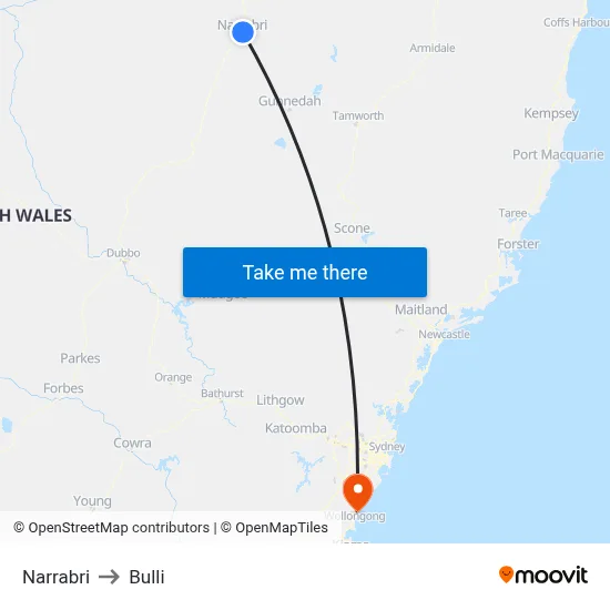 Narrabri to Bulli map