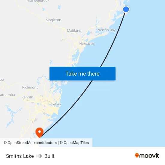 Smiths Lake to Bulli map